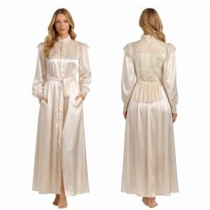 1990s Victoria’s Secret Gold Label Cream Satin Lace Robe High Ruffled Neck Small